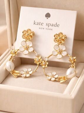 kate spade Gold and White Floral Hoop Drop Earrings